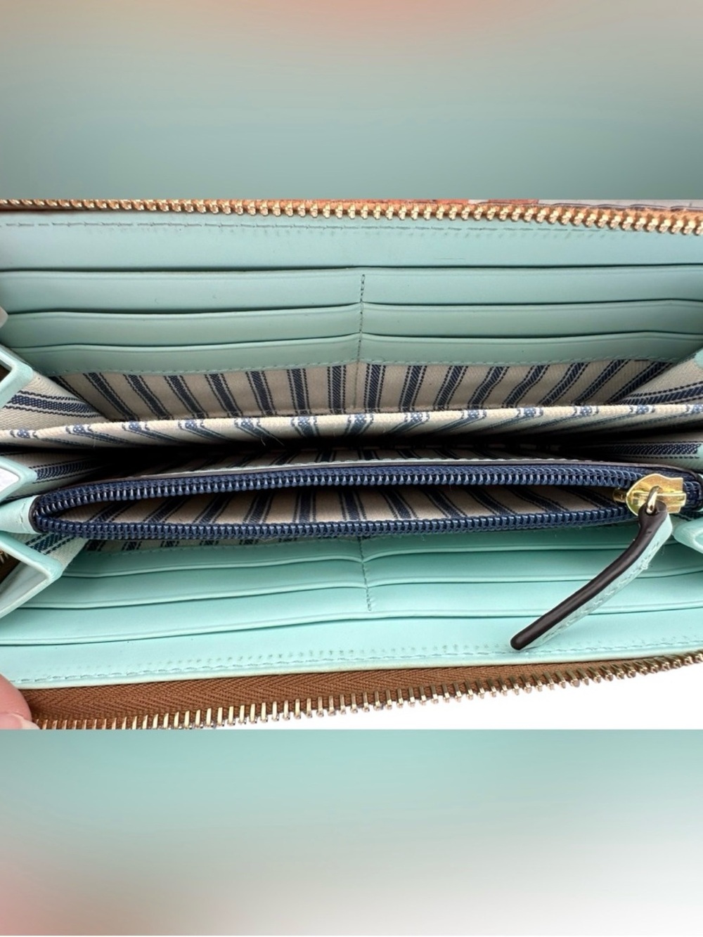 Dooney & Bourke Woven Embossed Leather Zip Around Wristlet Wallet in Mint Tan - Picture 3 of 5